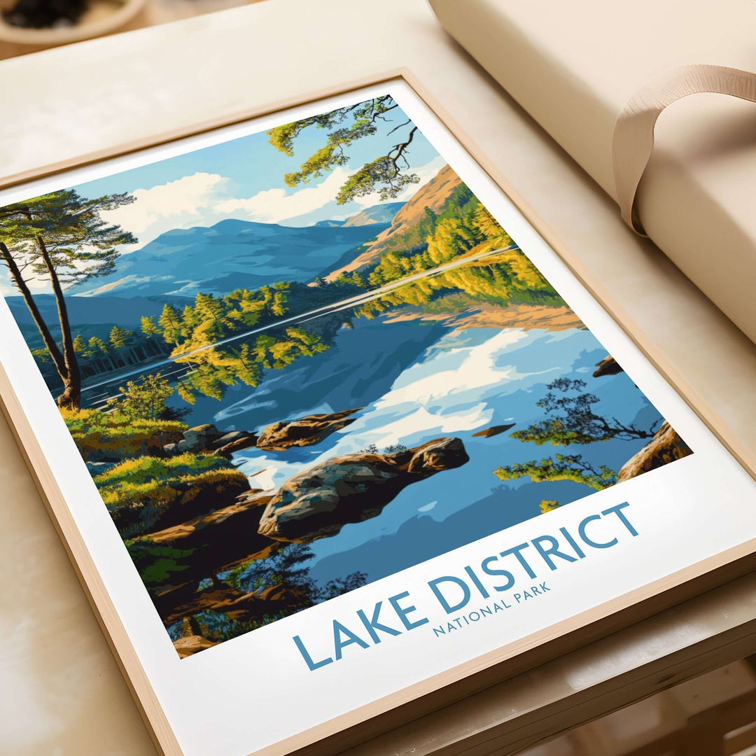 Lake District wall art print showcasing a serene landscape and vibrant reflections of nature in a stylish frame.