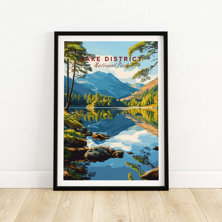 Lake District wall art featuring vibrant landscape and serene reflections in water, perfect for home decor.