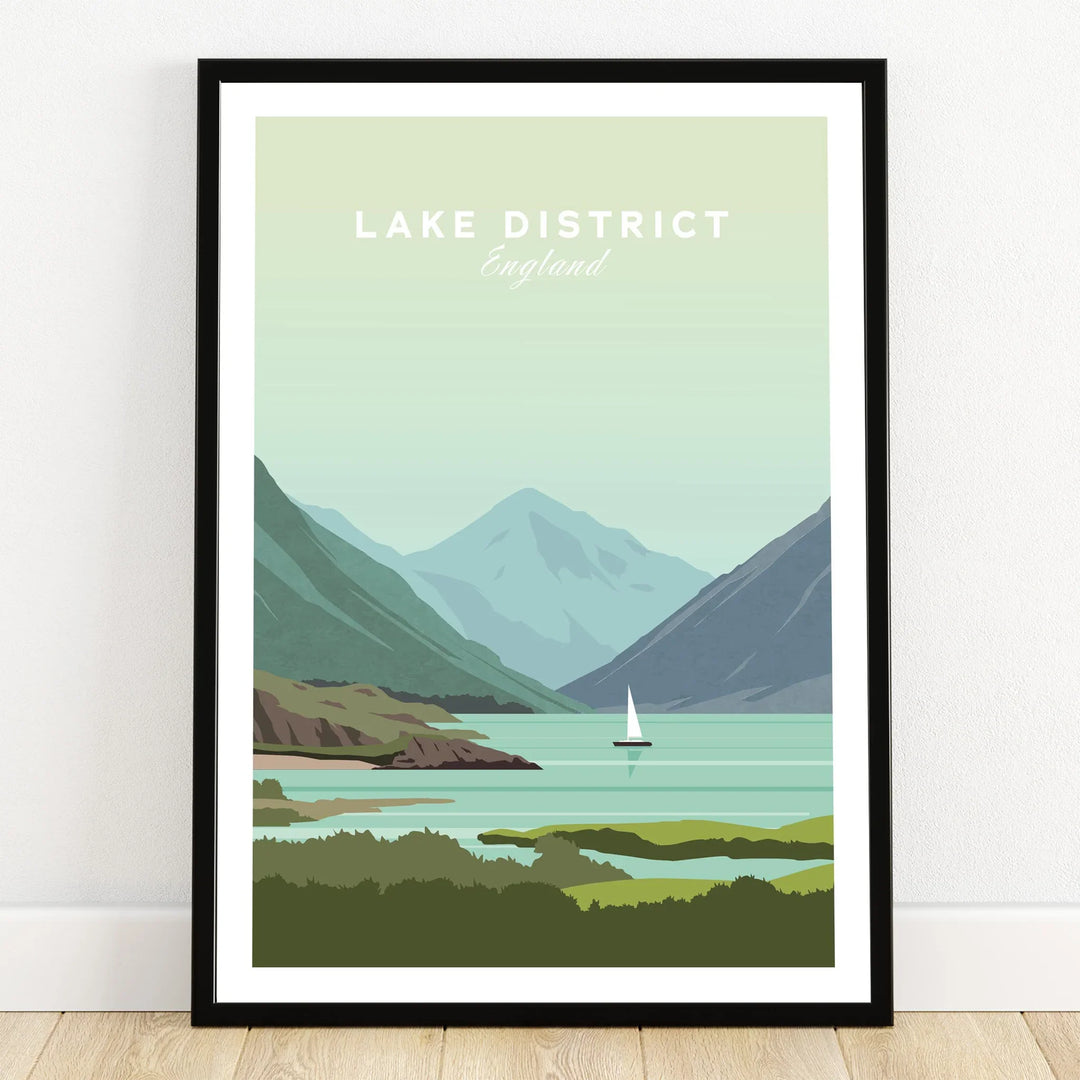 Lake District England travel poster with mountains, lake, and sailboat, framed wall art for home decor