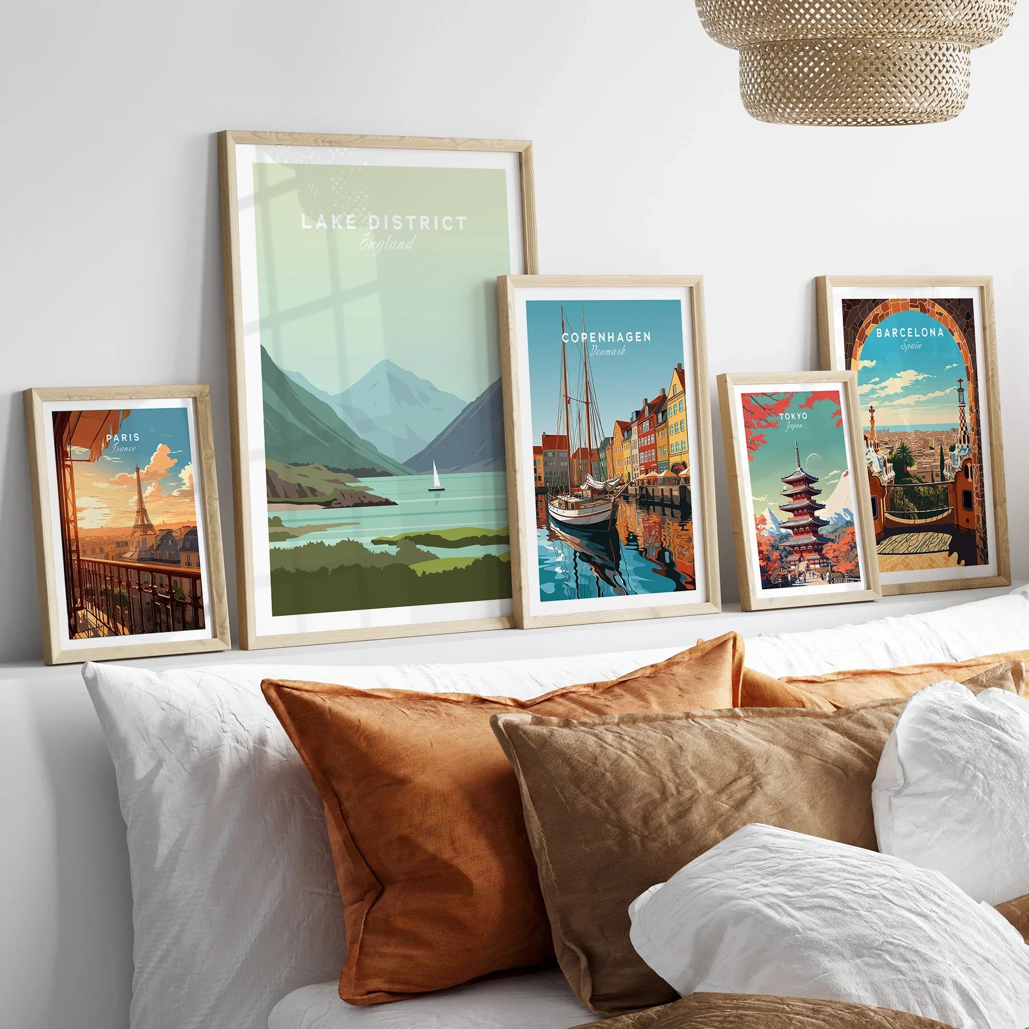 Framed travel posters of Paris, Lake District, Copenhagen, Tokyo, Barcelona for home wall art decor