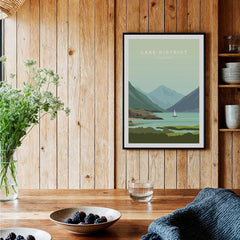 Lake District England travel poster with mountains, lake, and sailboat, framed wall art for home decor