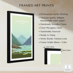 Lake District England travel poster print in black frame, mountain lake scene with sailboat, matte paper, ready to hang