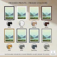 Lake District England travel poster in 8 frame colors: black, white, natural, brown, gold, silver, dark grey, light grey