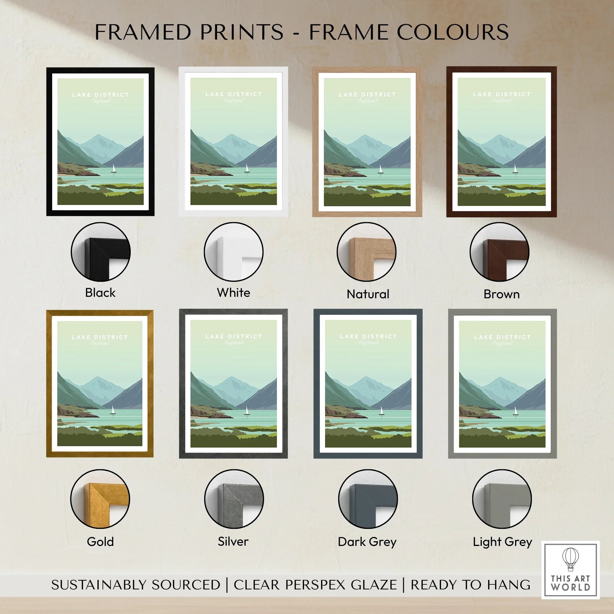 Lake District England travel poster in 8 frame colors: black, white, natural, brown, gold, silver, dark grey, light grey