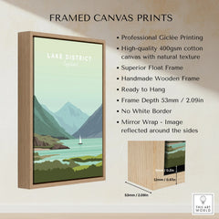 Framed Lake District England travel poster with mountains, lake, and sailboat, ideal wall art for home decor