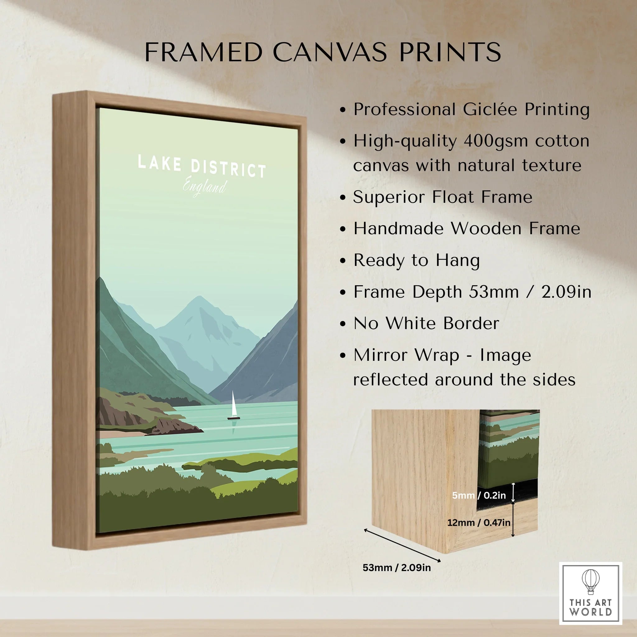 Framed Lake District England travel poster with mountains, lake, and sailboat, ideal wall art for home decor