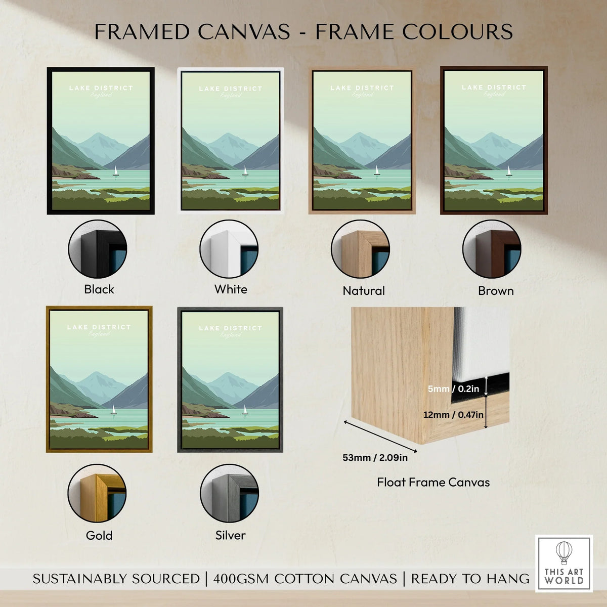 Lake District England travel poster in black, white, natural, brown, gold, silver frames – float frame canvas wall art