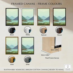 Lake District England travel poster in black, white, natural, brown, gold, silver frames – float frame canvas wall art