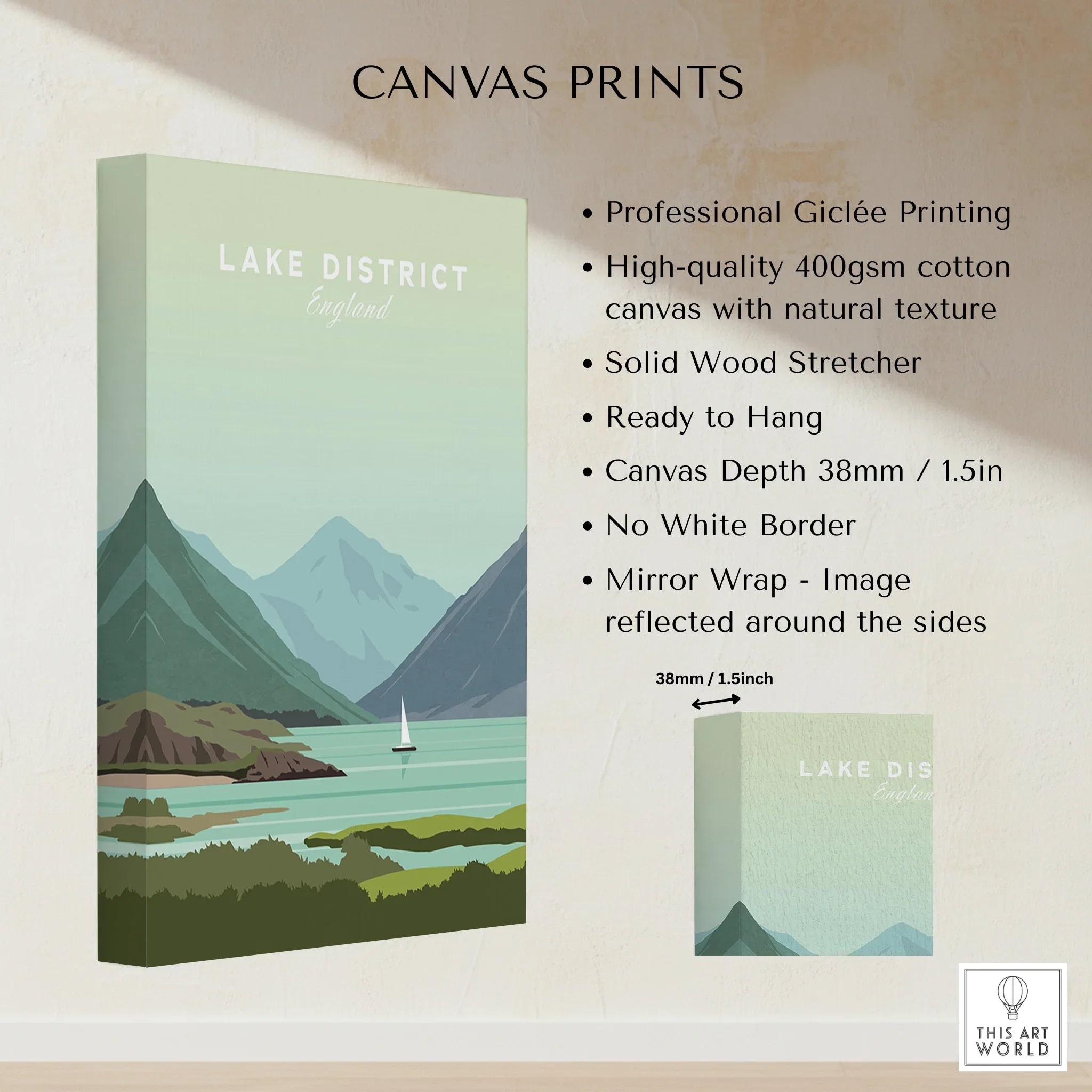 Lake District England canvas print with mountain lake scene, ready to hang wall art for home decor