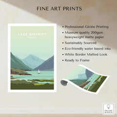 Lake District England travel poster print with mountains, lake, and sailboat, ready to frame wall art
