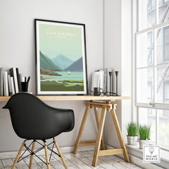 Lake District England travel poster with mountains and lake, framed wall art for home decor