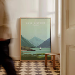 Lake District England travel poster with mountains, lake, and sailboat, framed wall art for home decor