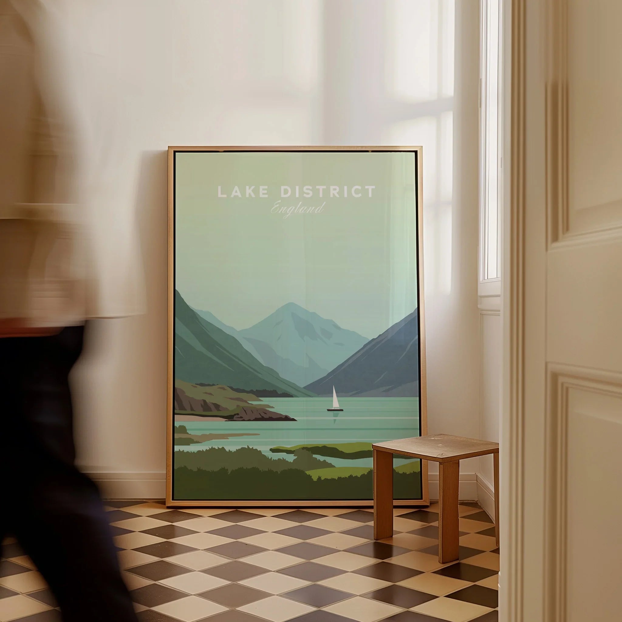 Lake District England travel poster with mountains, lake, and sailboat, framed wall art for home decor