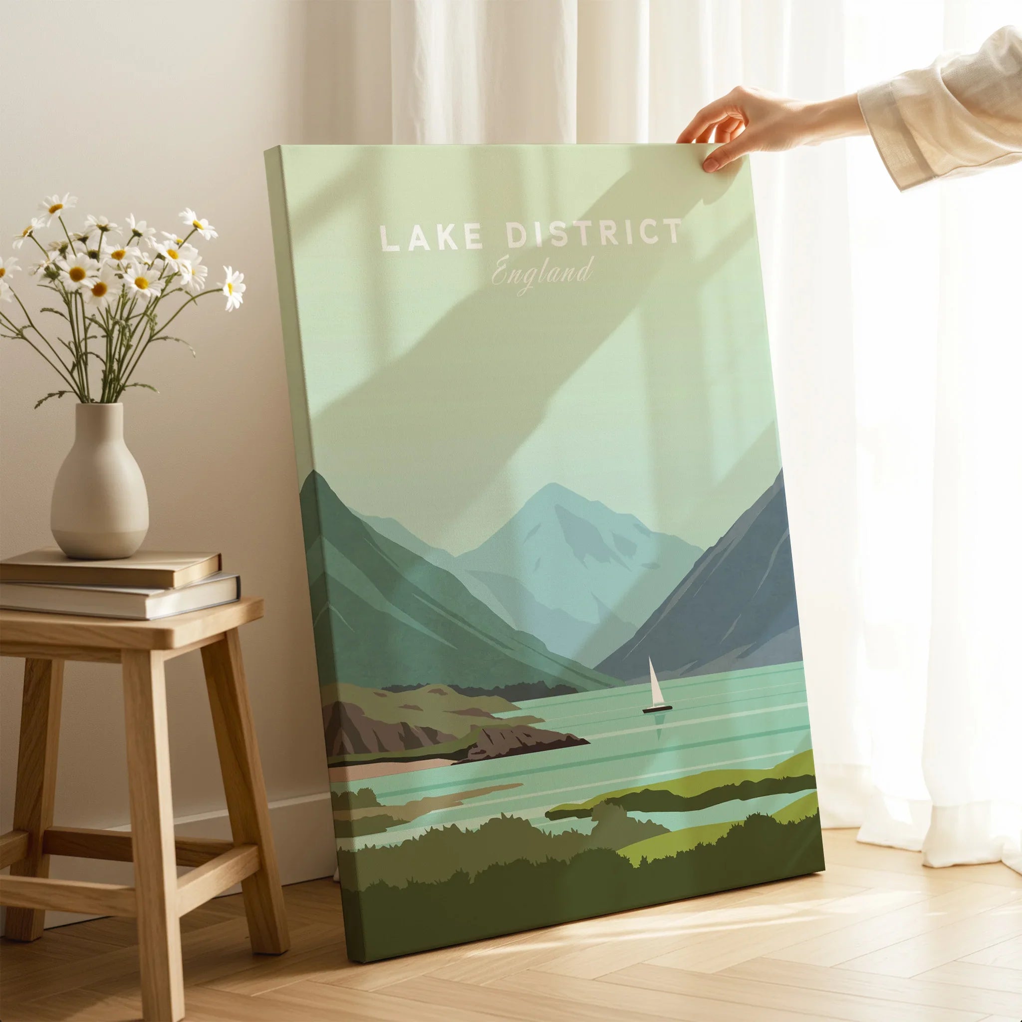 Lake District England travel poster with mountain and lake scenery for home decor