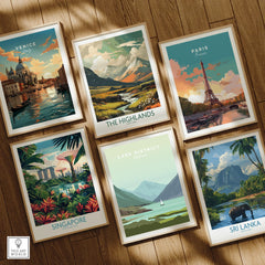 Framed travel posters of Venice, Paris, Scotland, Singapore, Lake District, and Sri Lanka for wall art decor
