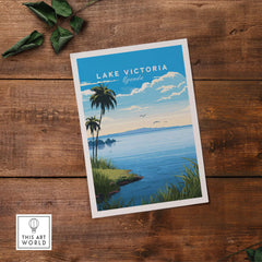 Lake Victoria Uganda travel poster showcasing a serene lakeside view and tropical palm trees.