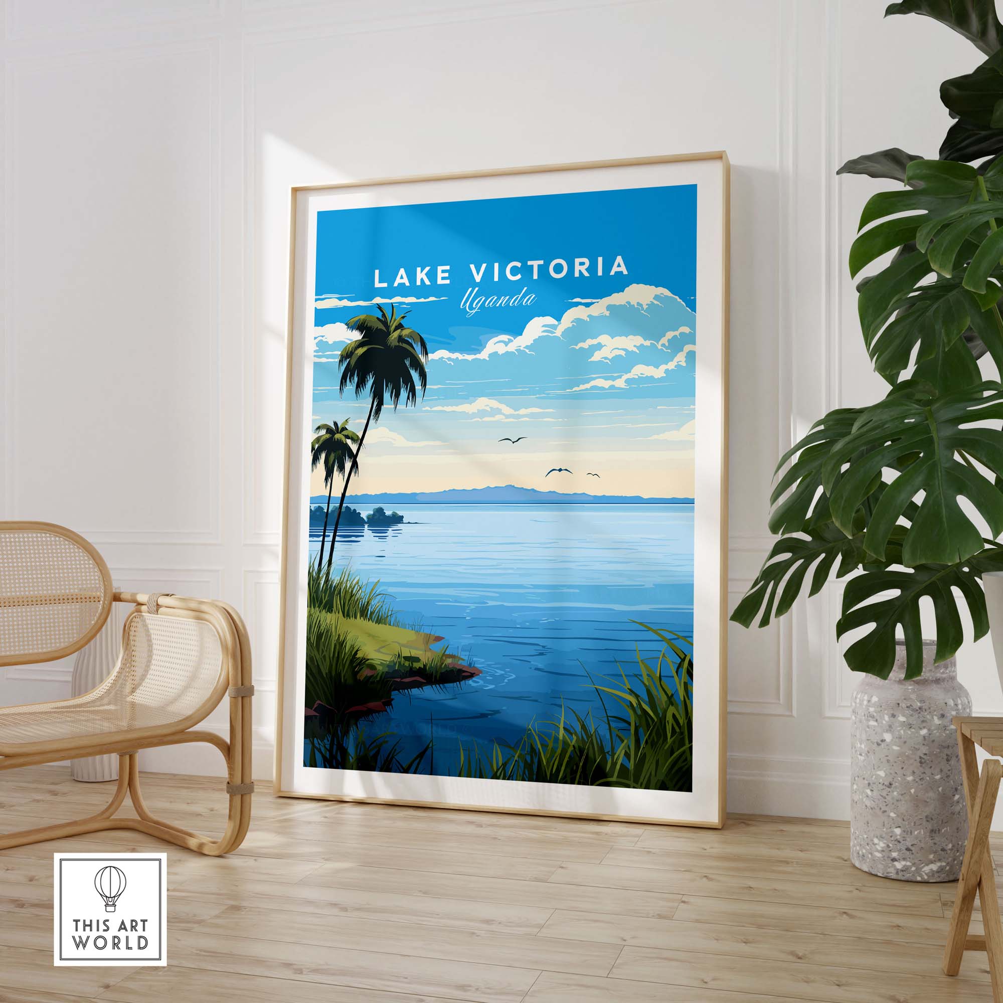 Lake Victoria Uganda travel poster showcasing serene waters, palm trees, and a bright blue sky, perfect for wall decor.