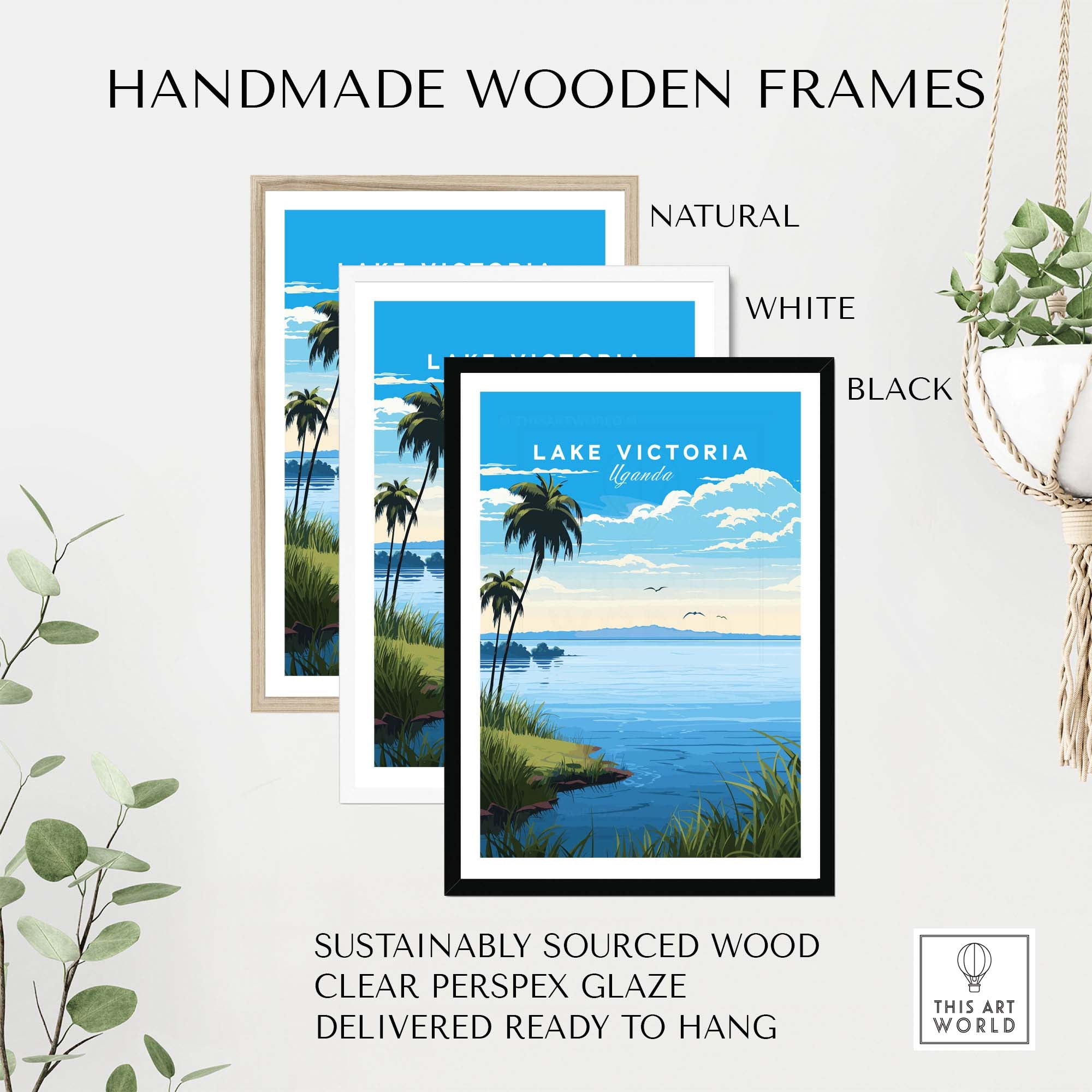 Handmade wooden frames for Lake Victoria Uganda travel poster, available in natural, white, and black finishes.