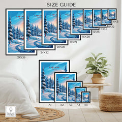 Lapland Poster Print size guide showcasing various frame sizes and designs for home decor.