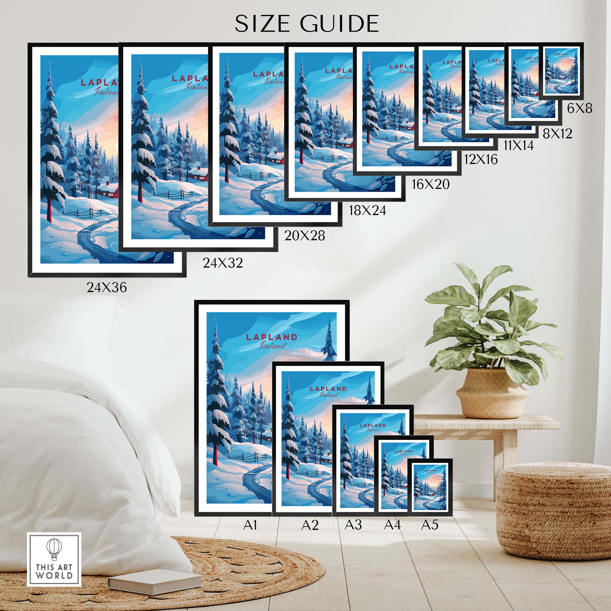Lapland Poster Print size guide showcasing various frame sizes and designs for home decor.