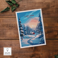 Lapland Poster Print featuring a snowy landscape and a cozy cabin surrounded by tall trees.