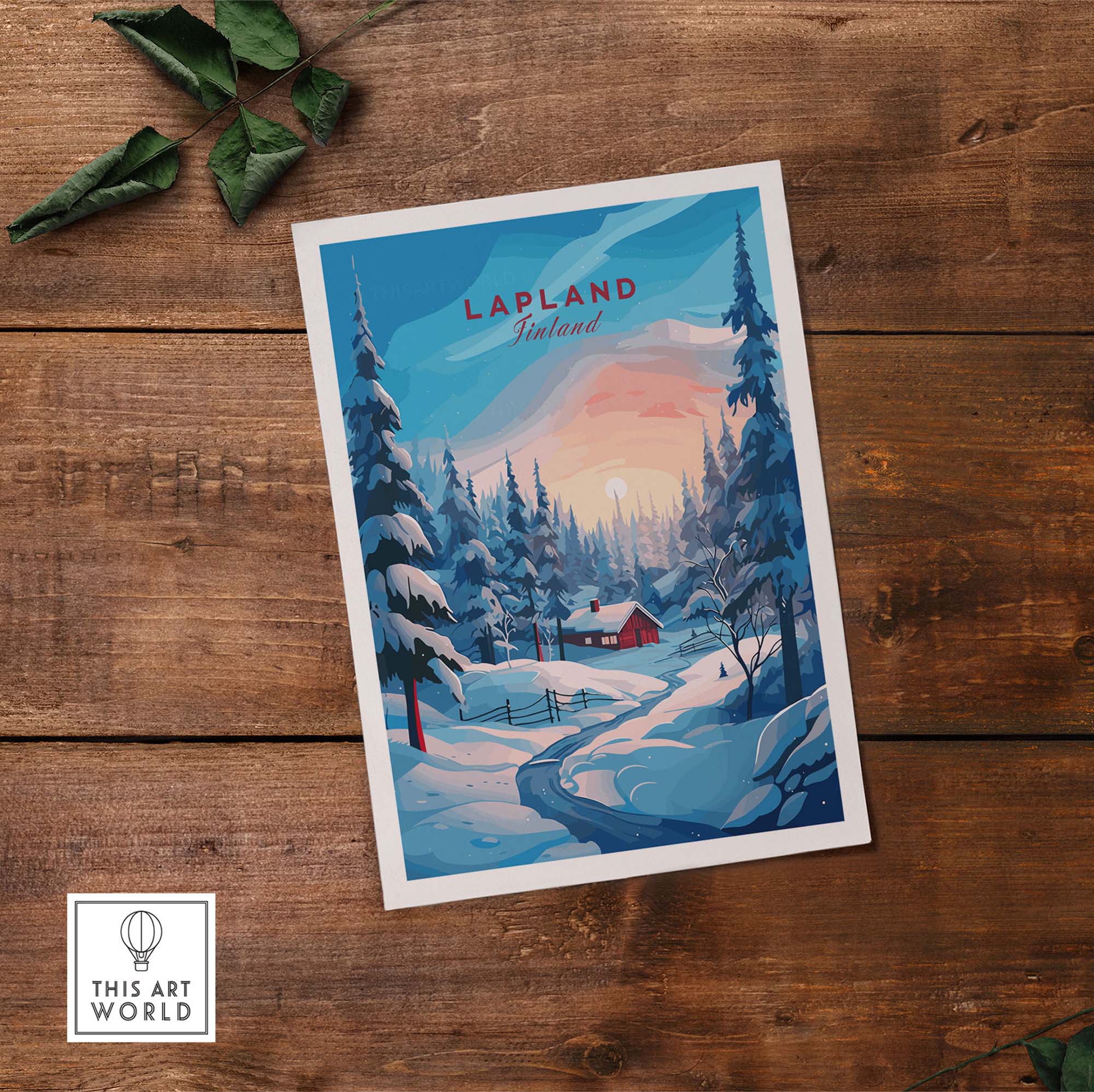 Lapland Poster Print featuring a snowy landscape and a cozy cabin surrounded by tall trees.