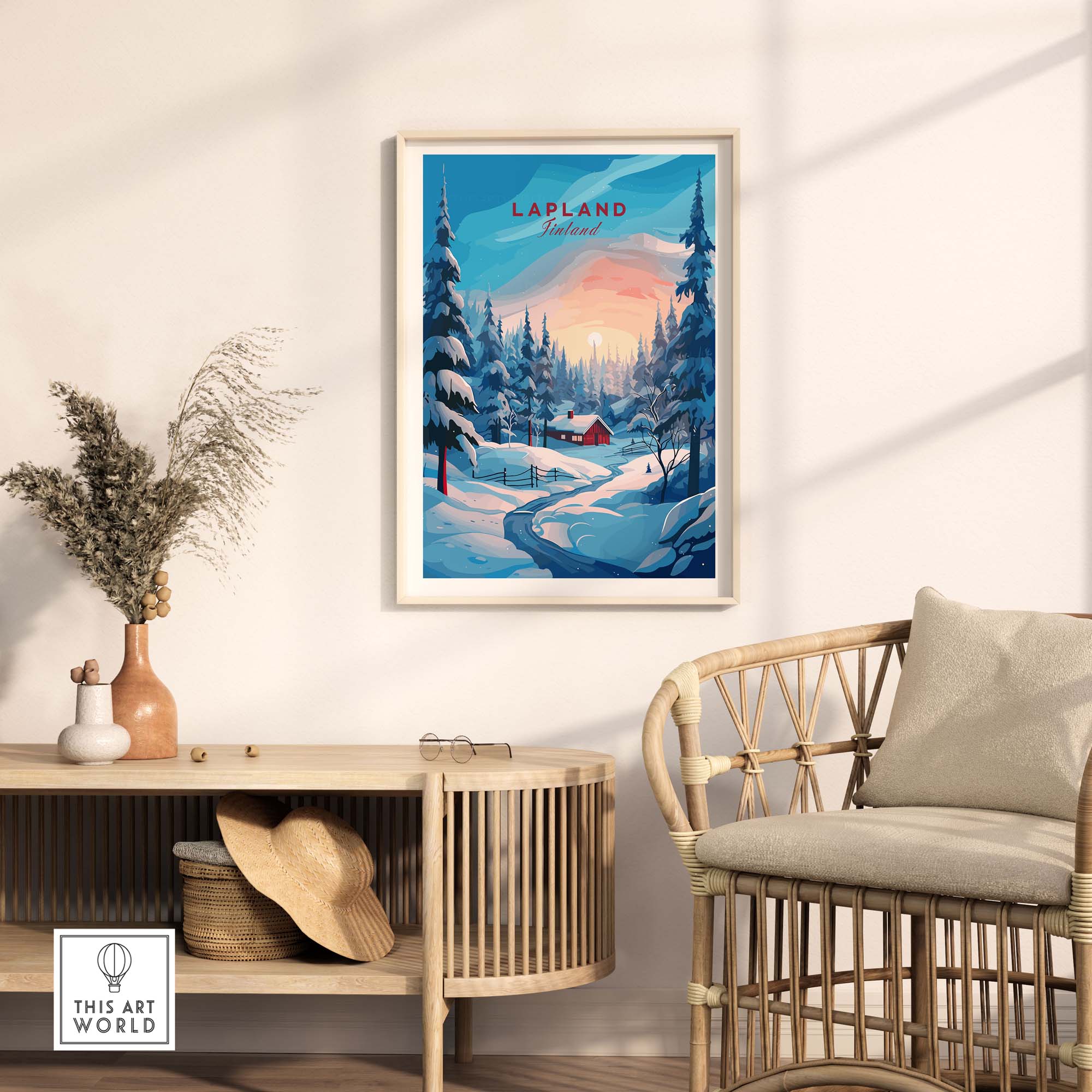 Lapland Poster Print showcasing a snowy landscape and cabin, adding vibrant Nordic charm to home decor.