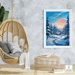 Lapland Poster Print showcasing Finland's winter landscape in a cozy home setting with a swing chair.