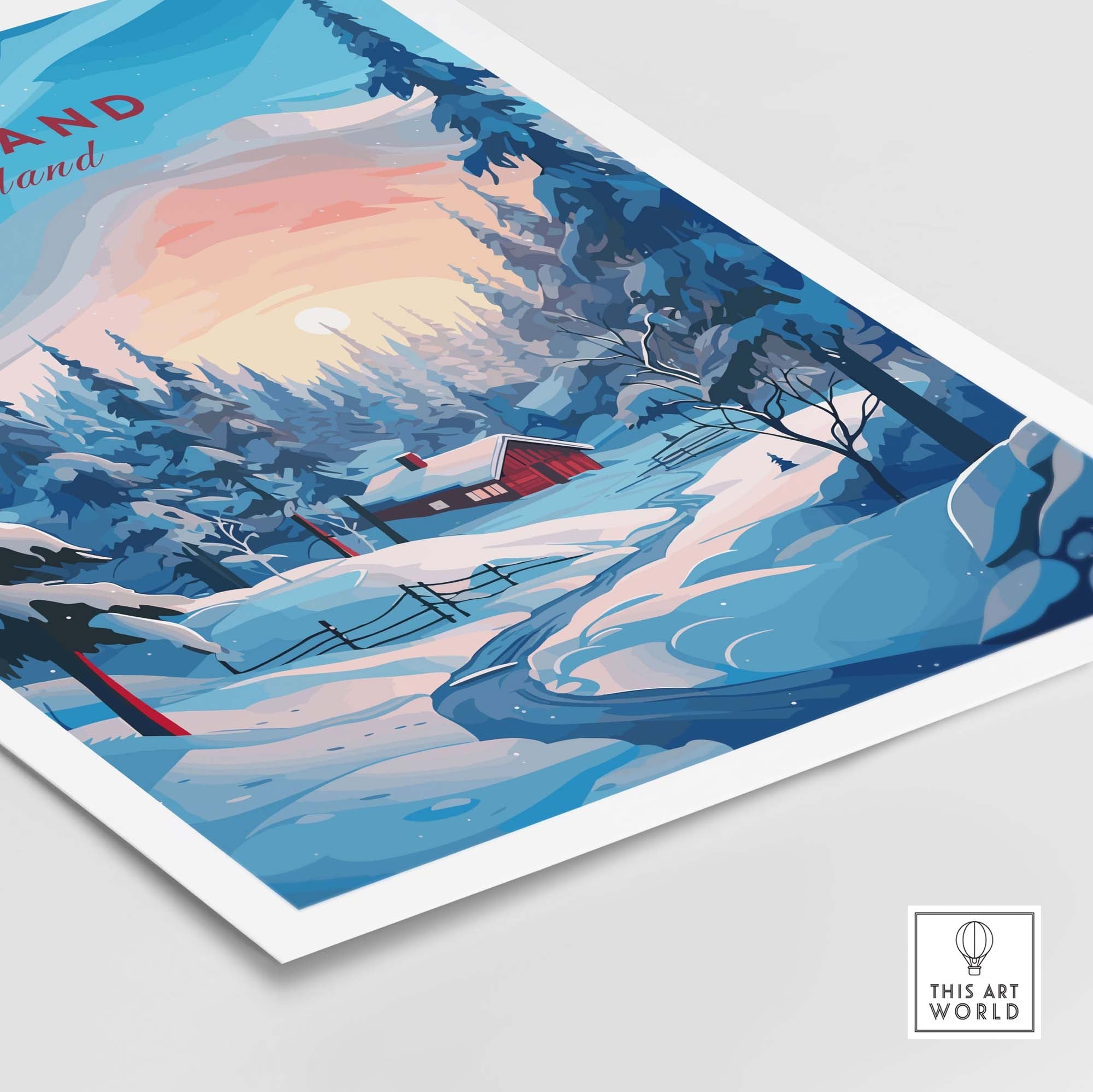 Lapland Poster Print featuring a snowy landscape with a red cabin and vibrant colors showcasing Nordic charm.