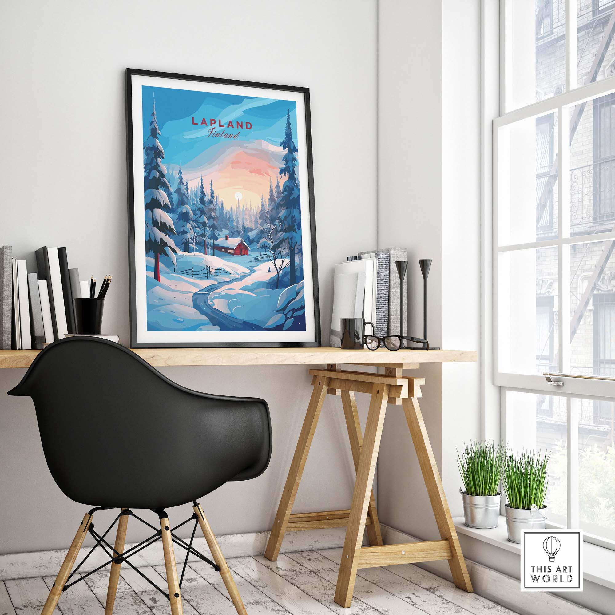 Lapland Poster Print featuring a winter landscape with a cabin and trees, perfect for home decor.