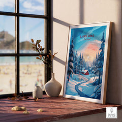 Lapland Poster Print featuring a winter landscape with snow-covered trees and a cozy cottage.