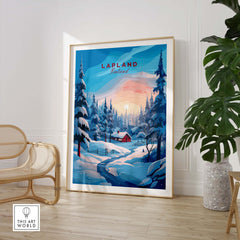 Lapland Poster Print featuring a snowy landscape with a cozy cabin in Finland, capturing Nordic charm and vibrant colors.