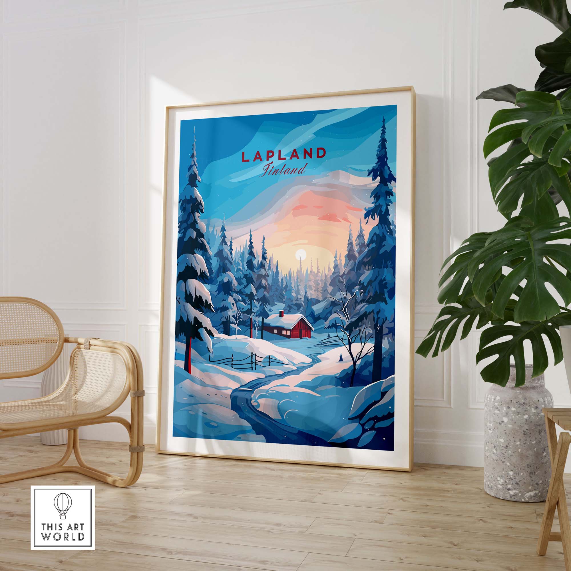 Lapland Poster Print featuring a snowy landscape with a cozy cabin in Finland, capturing Nordic charm and vibrant colors.