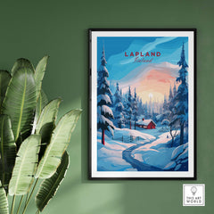 Lapland Poster Print featuring a snowy landscape with a cozy cabin in Finland, vibrant colors enhancing home decor.