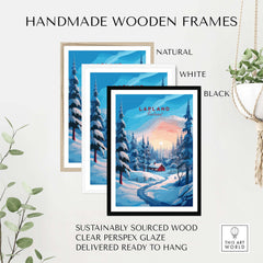Lapland Poster Print showcased in handmade wooden frames in natural, white, and black finishes.