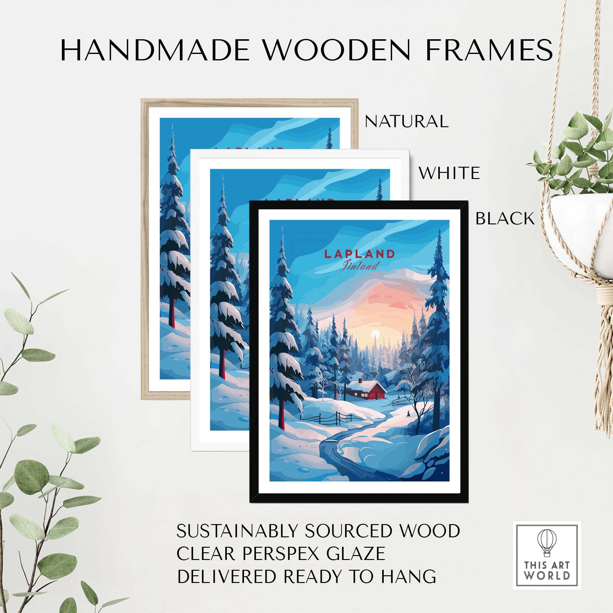 Lapland Poster Print showcased in handmade wooden frames in natural, white, and black finishes.