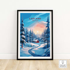 Lapland Poster Print featuring a vibrant snowy landscape of Finland with trees and a cozy cabin.