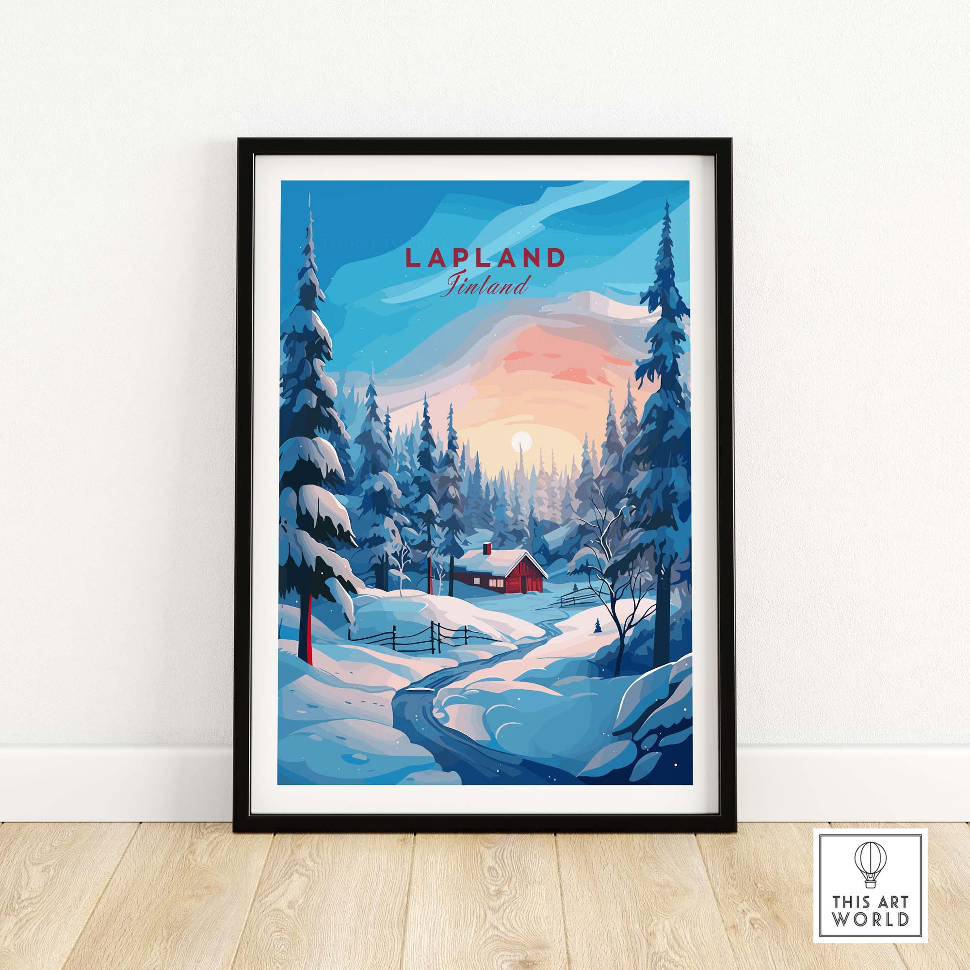 Lapland Poster Print featuring a vibrant snowy landscape of Finland with trees and a cozy cabin.