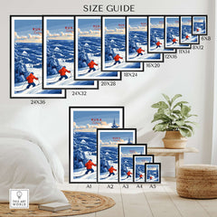 Size guide for Lapland Ski Landscape Art prints featuring various dimensions and a skier in a snowy Ruka, Finland scene.