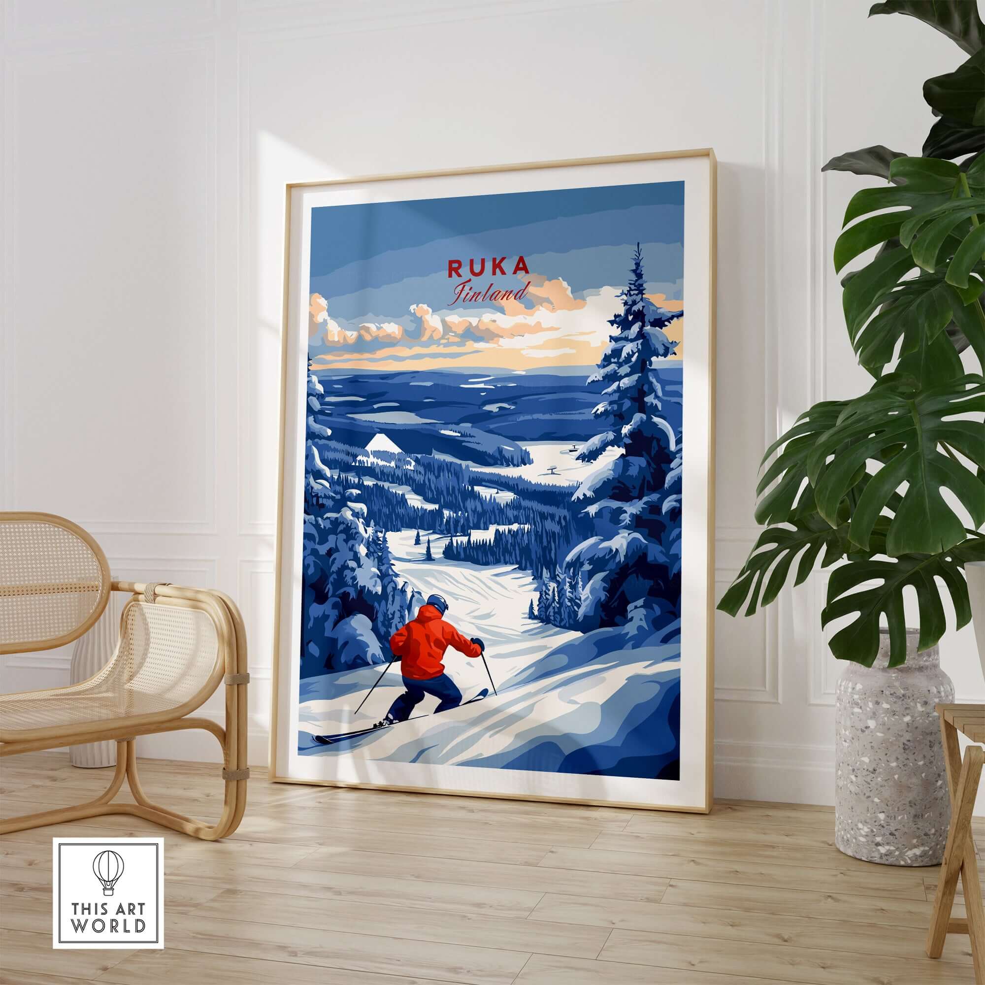 Ruka Finland ski landscape art print featuring a skier in a winter sports scene, beautifully framed for home decor.