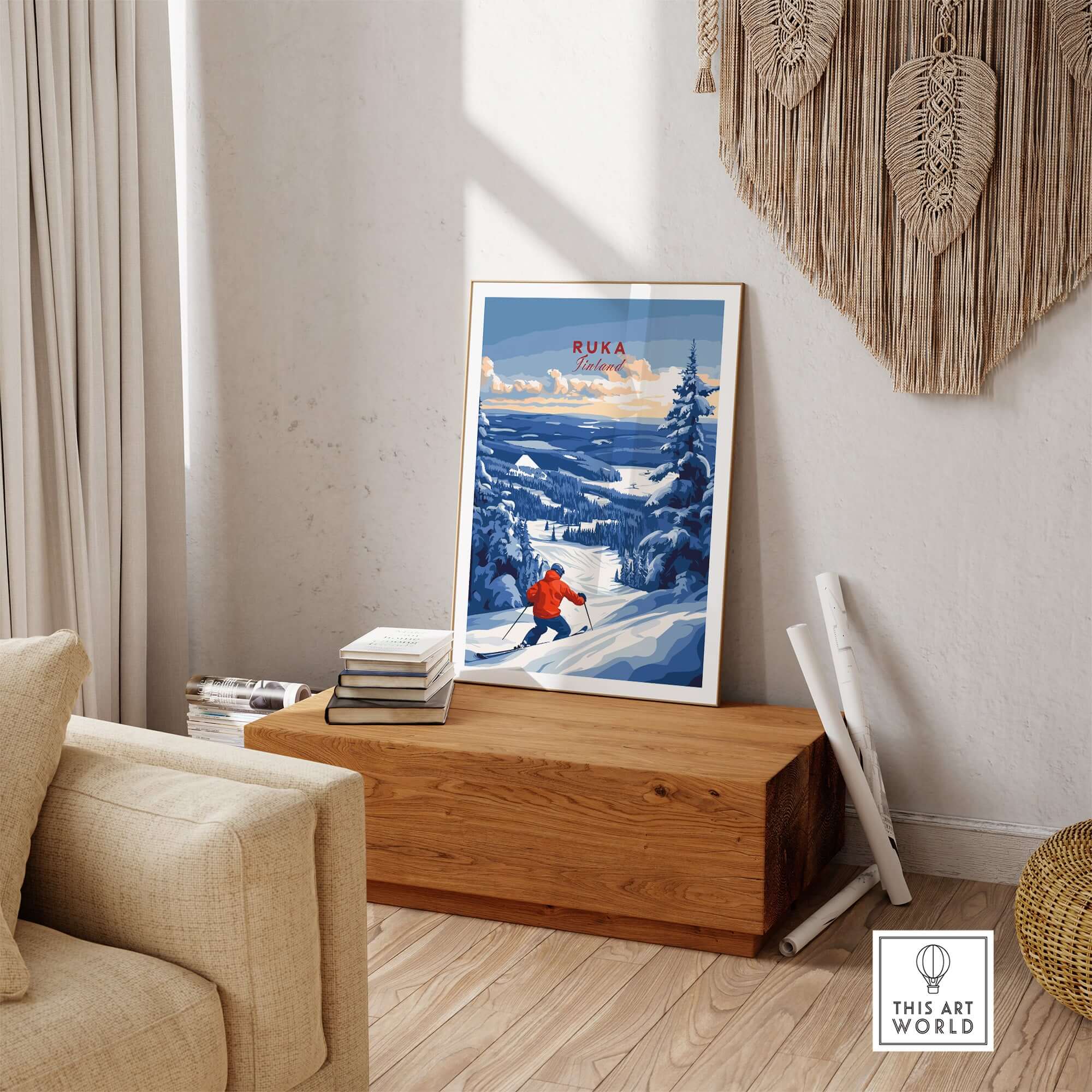 Lapland ski landscape art print of Ruka Finland, showcasing a winter sports scene in a cozy home setting.