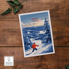 Lapland ski landscape art featuring a skier in Ruka, Finland, showcasing a winter sports scene with snowy hills and trees.