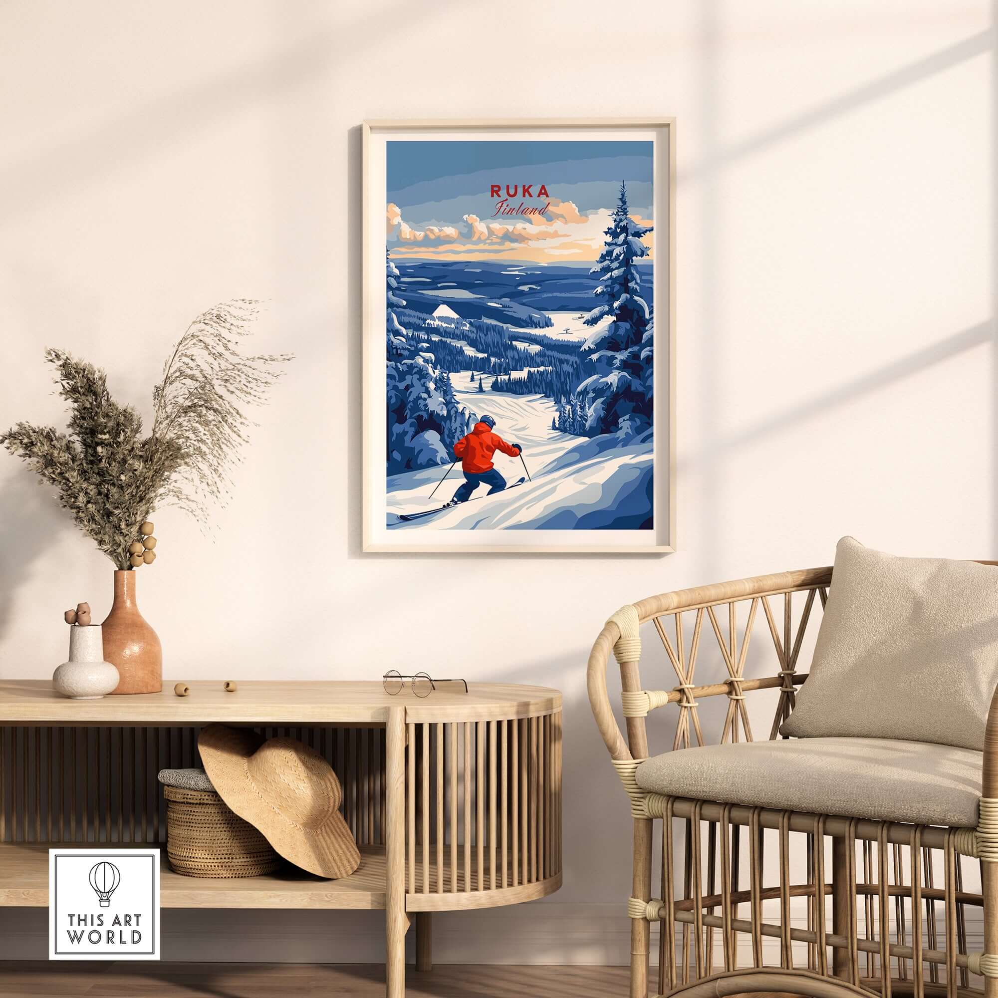 Lapland ski landscape art featuring a skier in Ruka, Finland, showcased in a cozy home setting.