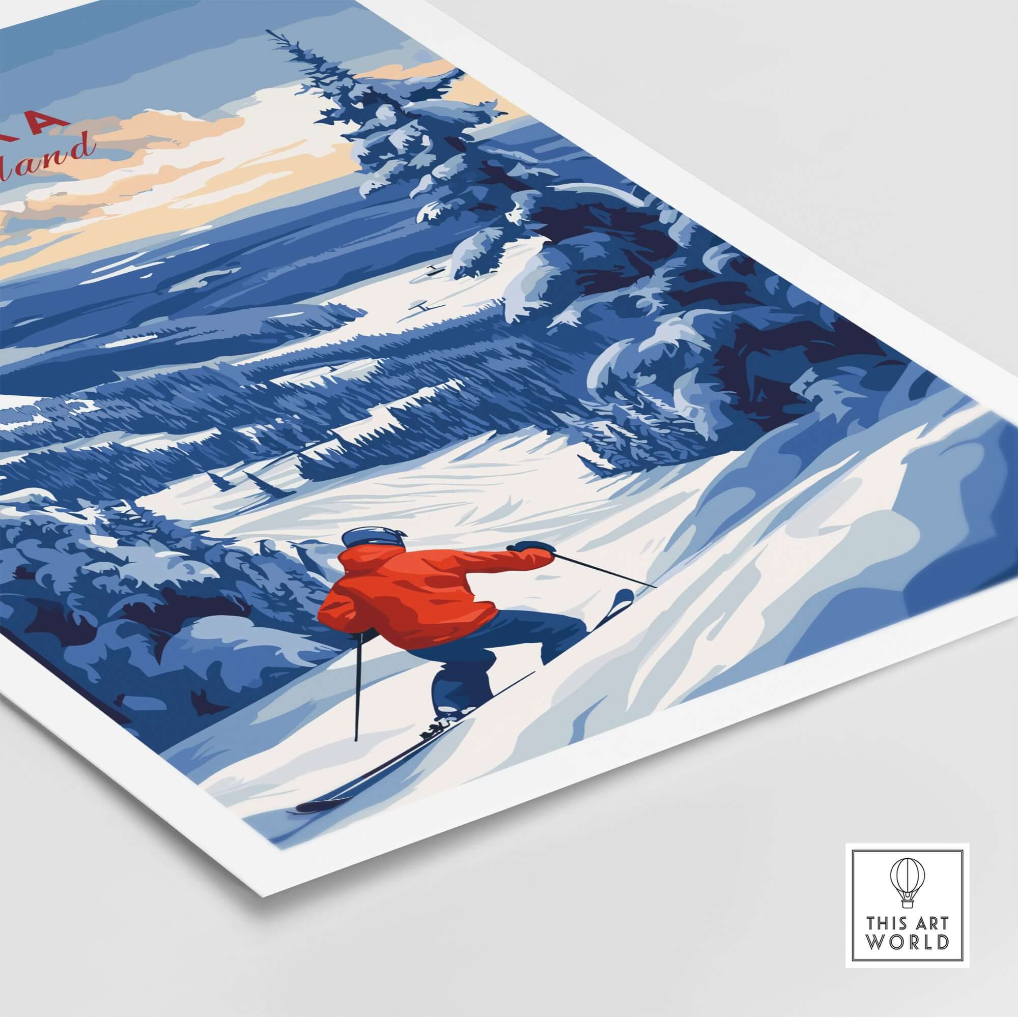 Lapland ski landscape art print featuring skier in red jacket in snowy Ruka, Finland, showcasing winter sports beauty.