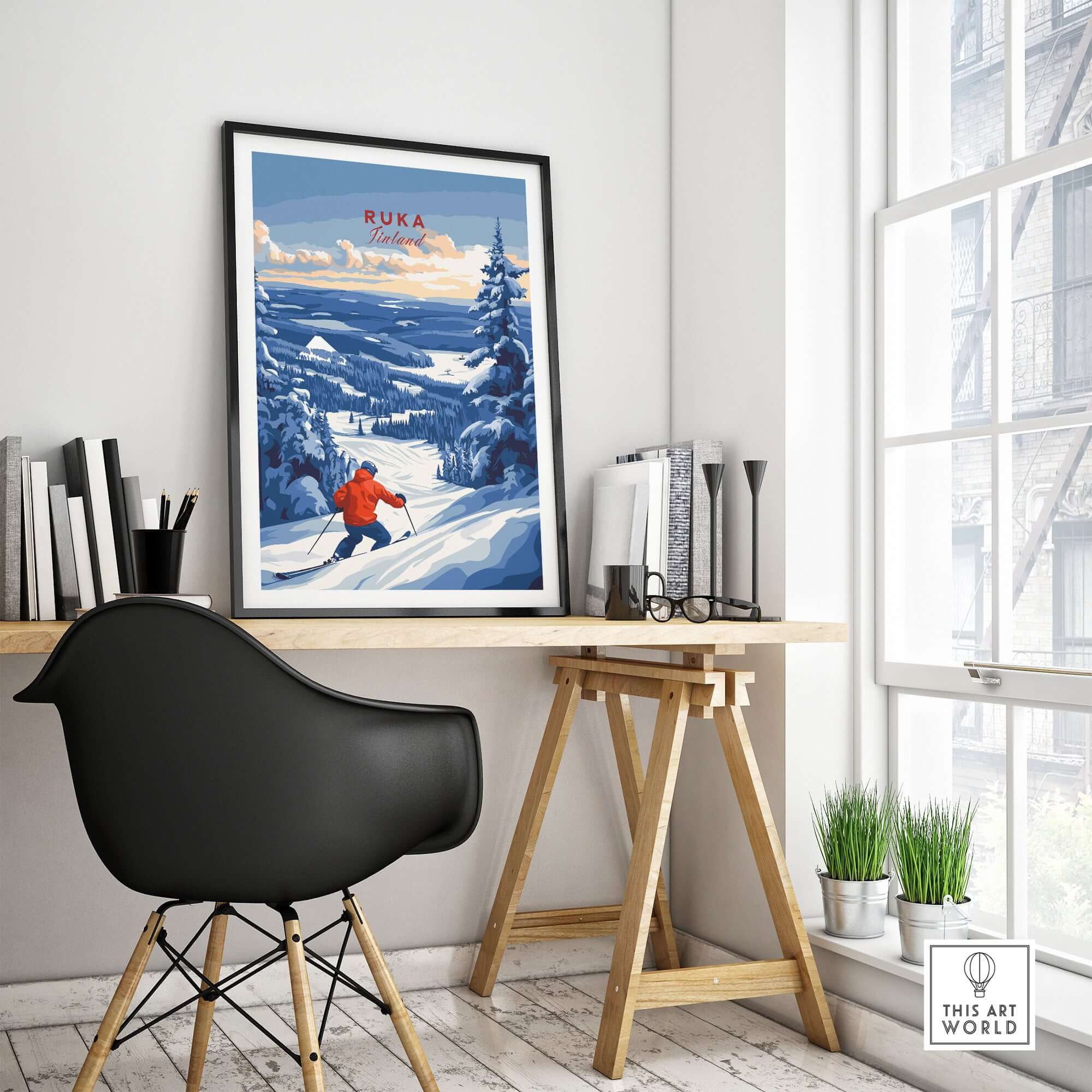Lapland Ski Landscape Art featuring a skier in Ruka, Finland, displayed in a stylish home office setting.