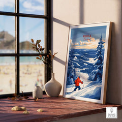 Framed Lapland ski landscape art print of Ruka, Finland showcasing winter sports scene in a home setting.