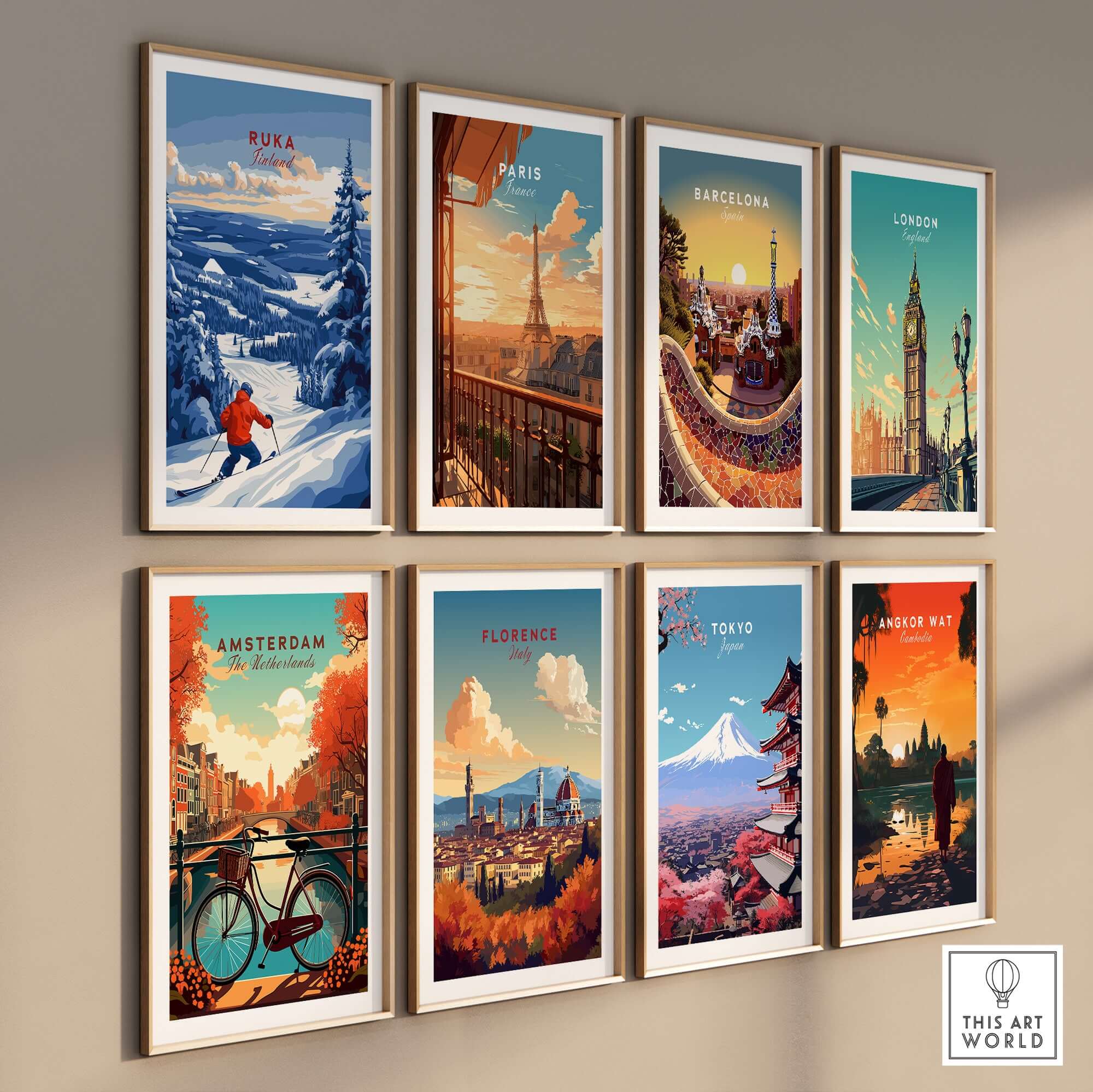 Collection of city art prints featuring Ruka, Paris, Barcelona, London, Amsterdam, Florence, Tokyo, and Bangkok.