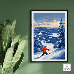 Lapland Ski Landscape Art print featuring a skier in Ruka, Finland, showcasing winter sports and scenic beauty.