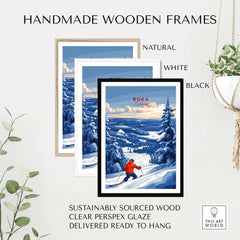 Handmade wooden frames in natural, white, and black for Ruka Finland ski landscape art, ready to hang.