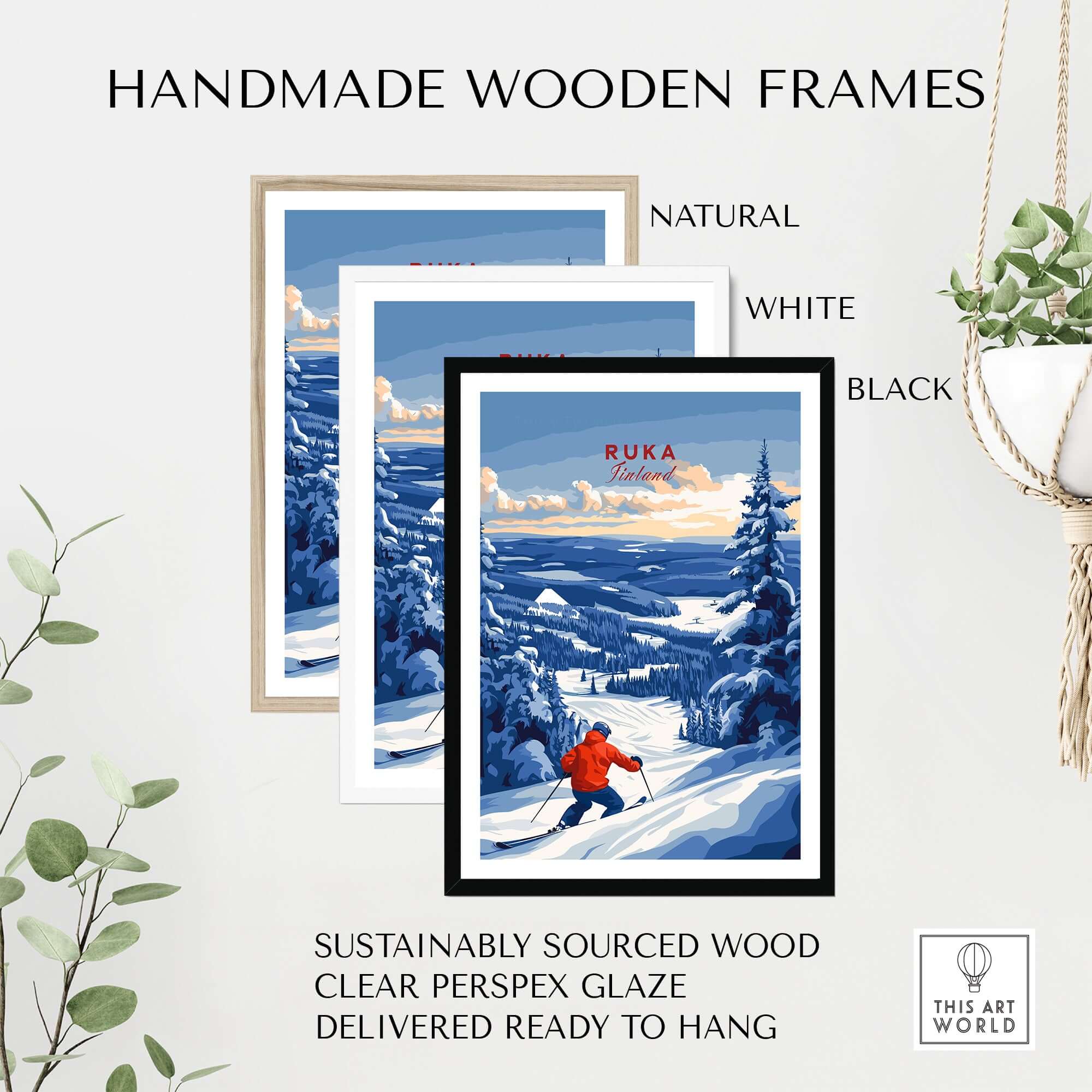 Handmade wooden frames in natural, white, and black for Ruka Finland ski landscape art, ready to hang.